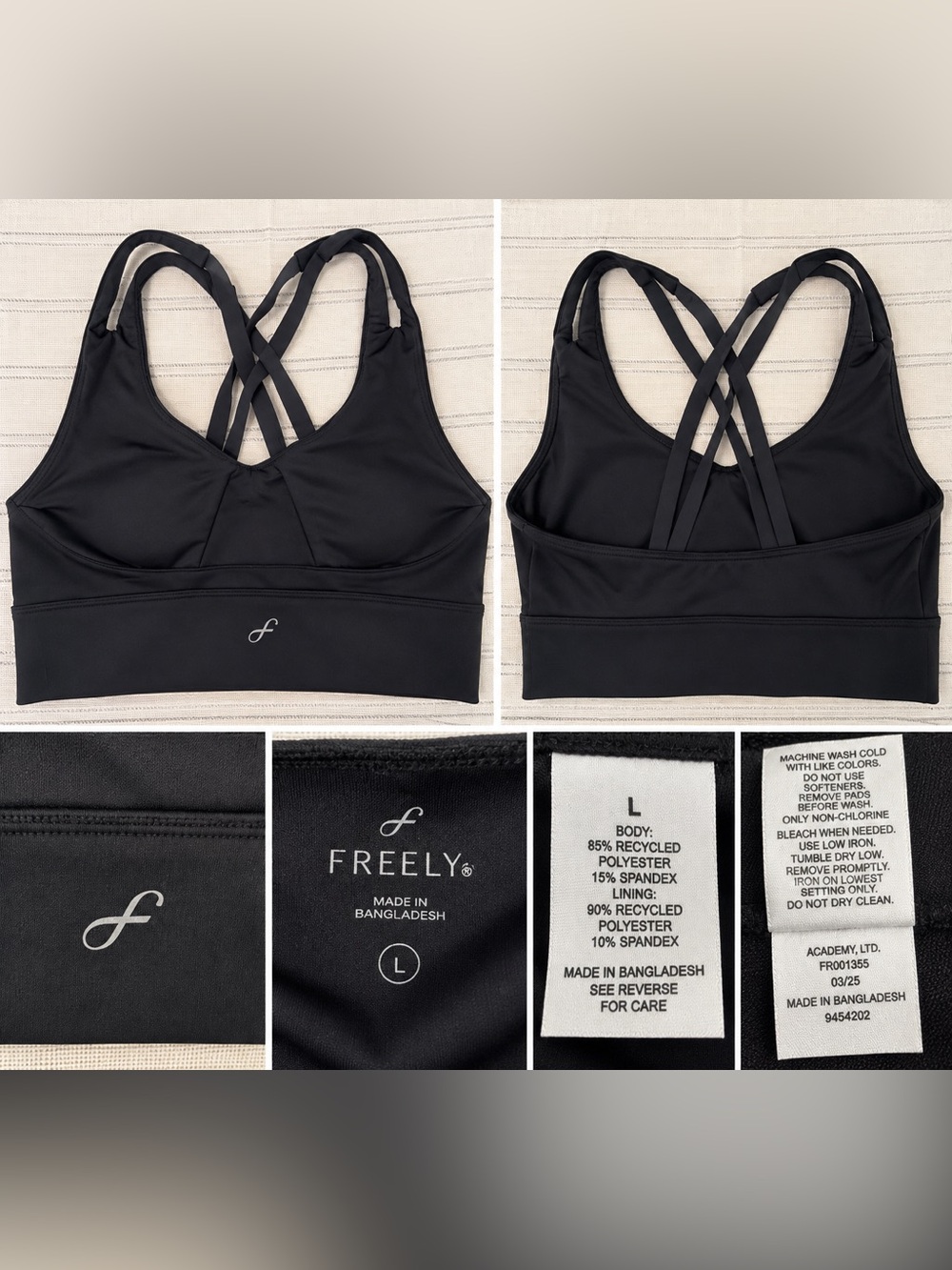 Freely Women’s Black Longline Sports Bra Size L Strappy Back Workout Yoga